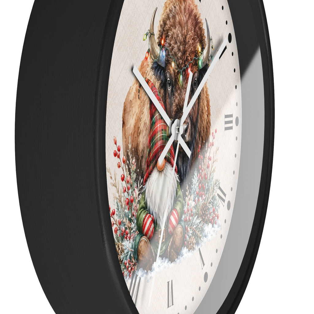 Christmas Buffalo & Gnome Wall Clock — Festive Holiday Home Decor