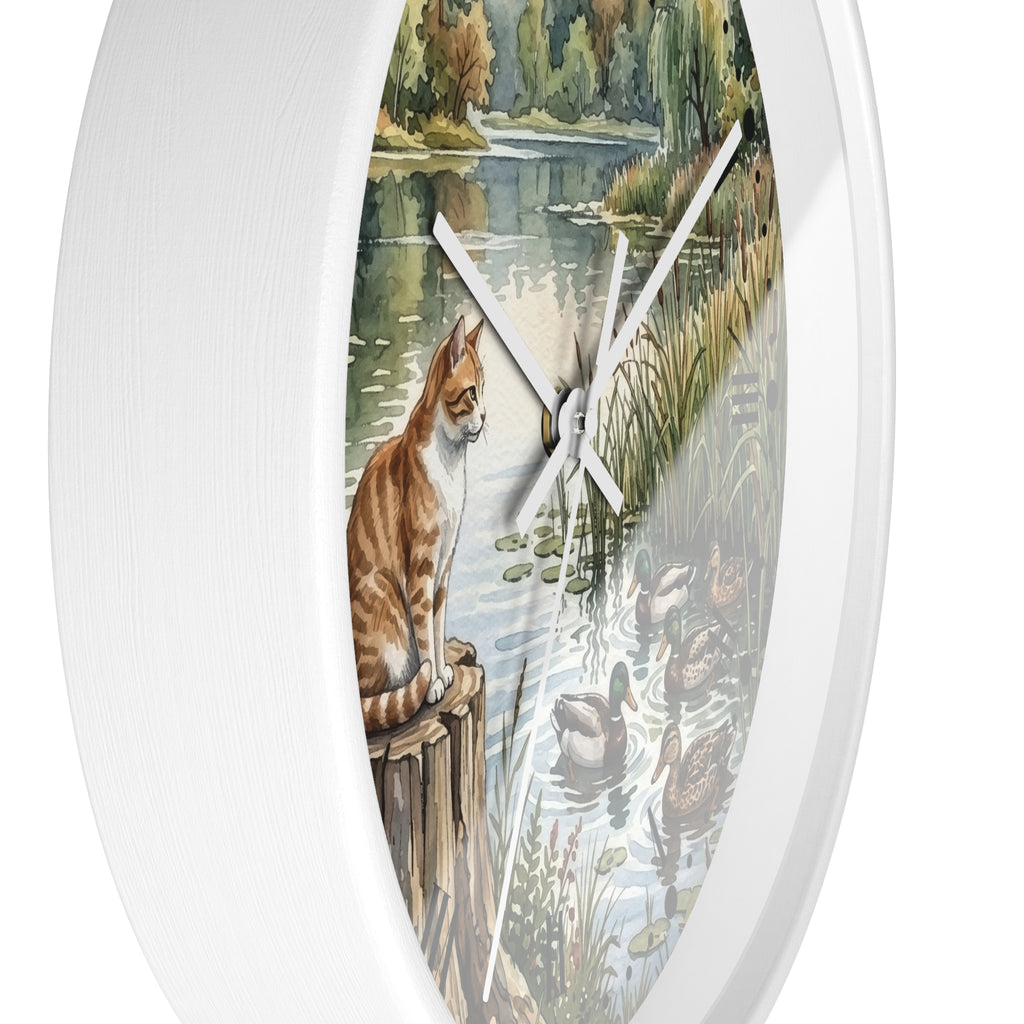 Orange Tabby by the Lake Wall Clock –  Cat & Ducks Scenic Decor