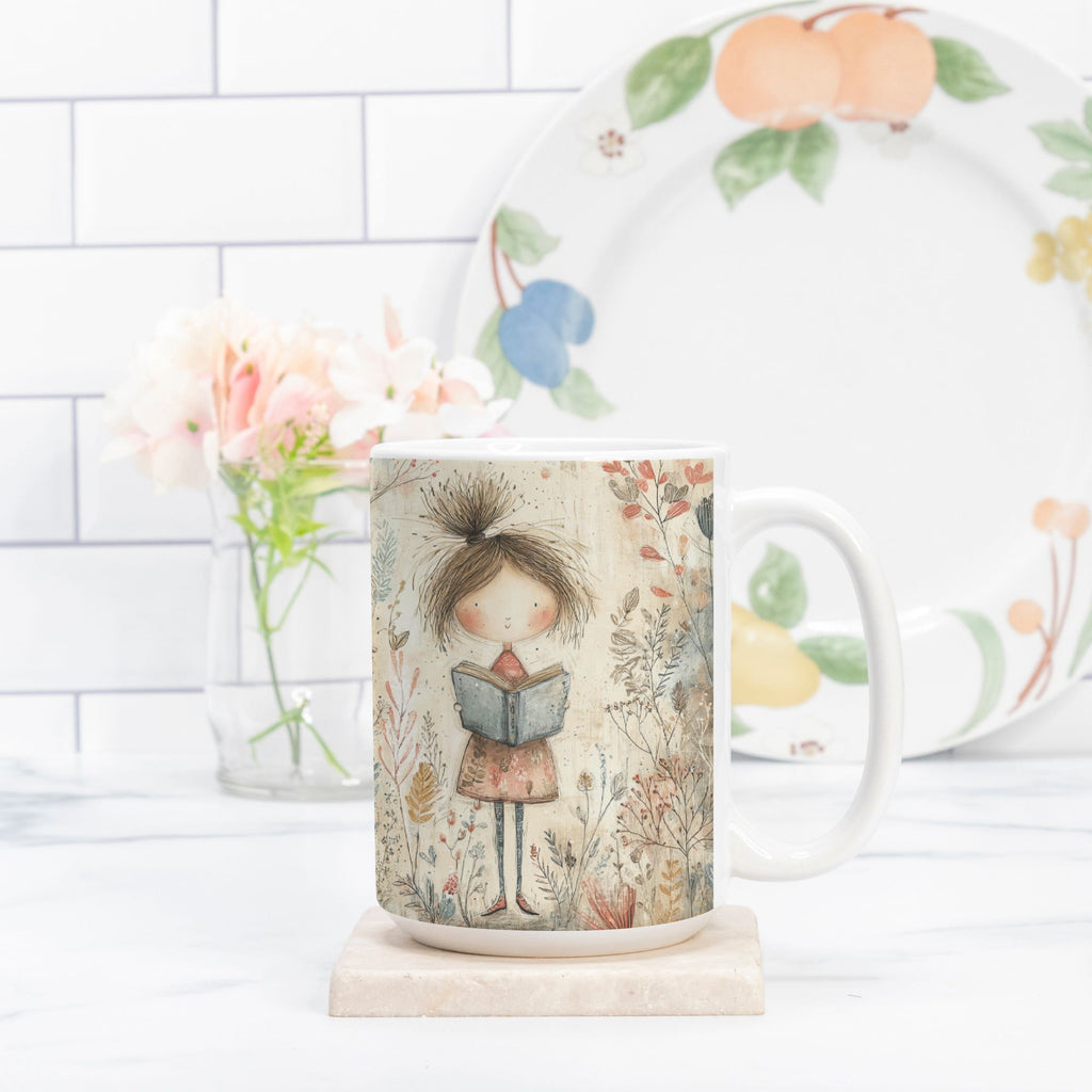 Mug with a design of a girl reading a book, placed on a marble coaster with a plate featuring fruit illustrations in the background.