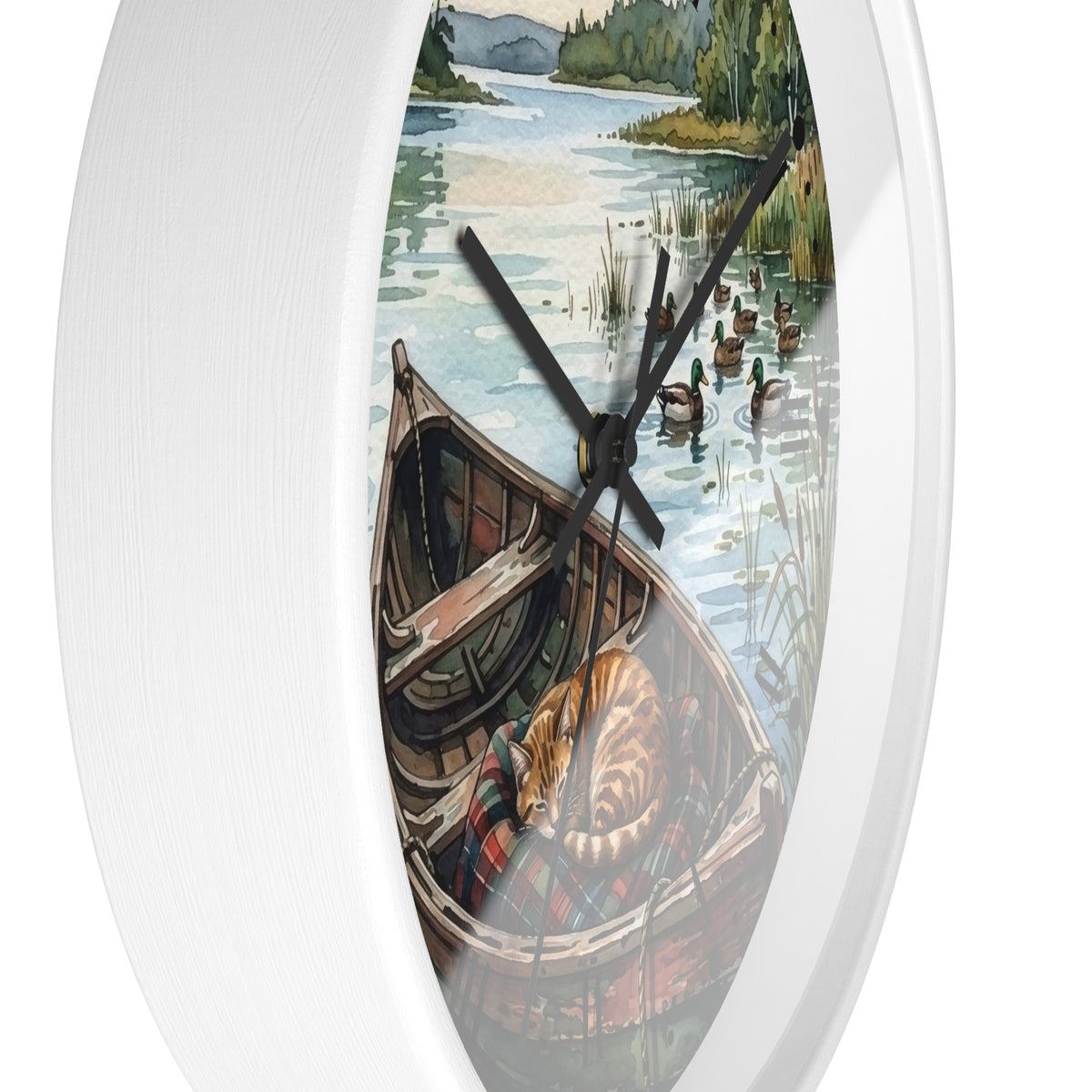 Oval white wall clock featuring a scenic illustration of a lake with ducks, a rowboat, and a sleeping cat, with black clock hands.