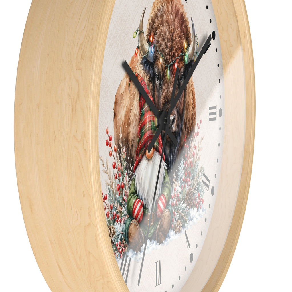 Christmas Buffalo & Gnome Wall Clock — Festive Holiday Home Decor