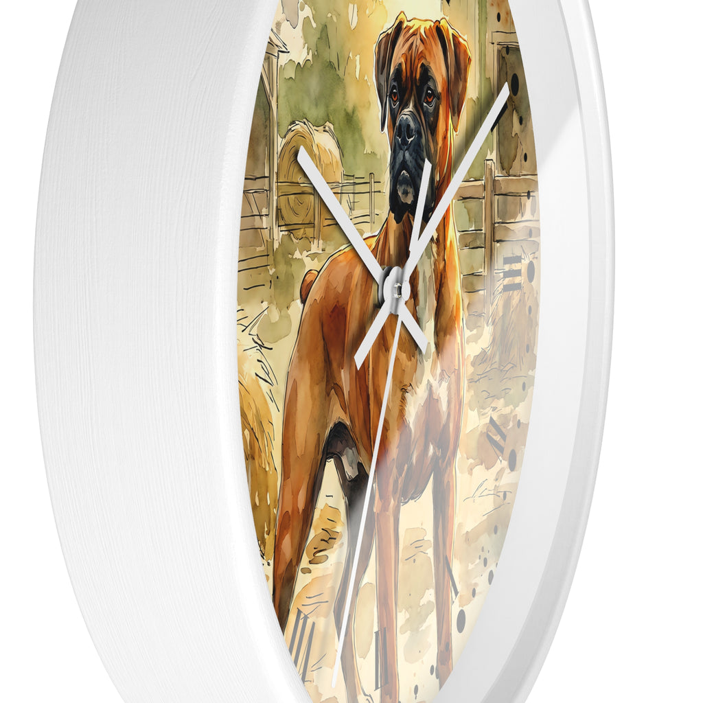 Round white wall clock featuring a watercolor-style illustration of a brown and black dog standing in a farm setting, with white clock hands.
