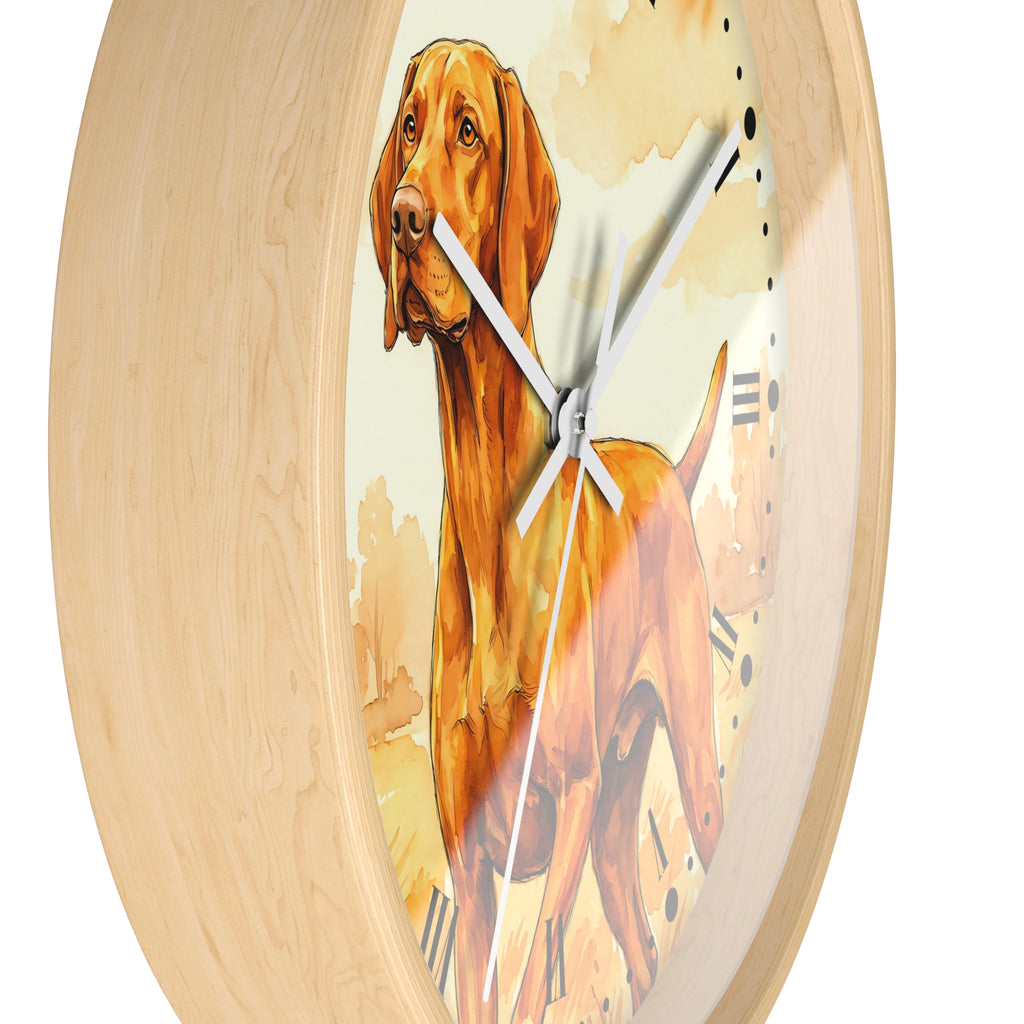Round wall clock with a light natural wood frame and a printed illustration of a brown dog on the face, shown against a plain white background.