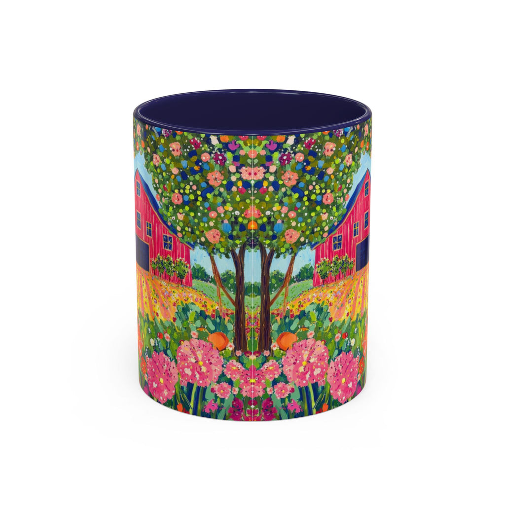 Colorful cylindrical container with a floral and barn design on a white background