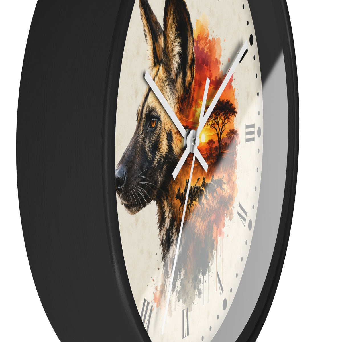 A round wall clock with a black frame and a cream-colored face featuring a watercolor-style portrait of a African wild dog blending into an orange sunset landscape. The clock has white hands and black Roman numerals.
