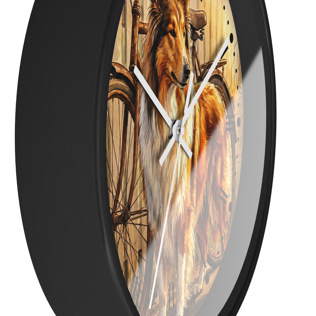 Round wall clock with a black frame and a printed artistic design of a collie dog in front of bicycles, shown against a plain white background.