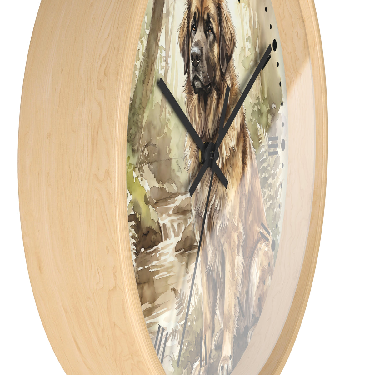 Round wall clock with a light natural wood frame and a printed illustration of a Leonberger dog sitting by a stream, with black clock hands on a white background.