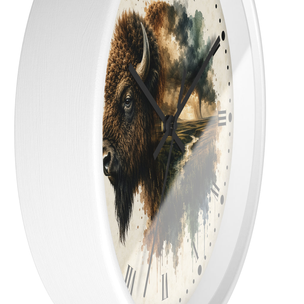 Round wall clock with a white frame and a printed design featuring a bison head over a landscape scene with a tree and water, set against a clean white background.