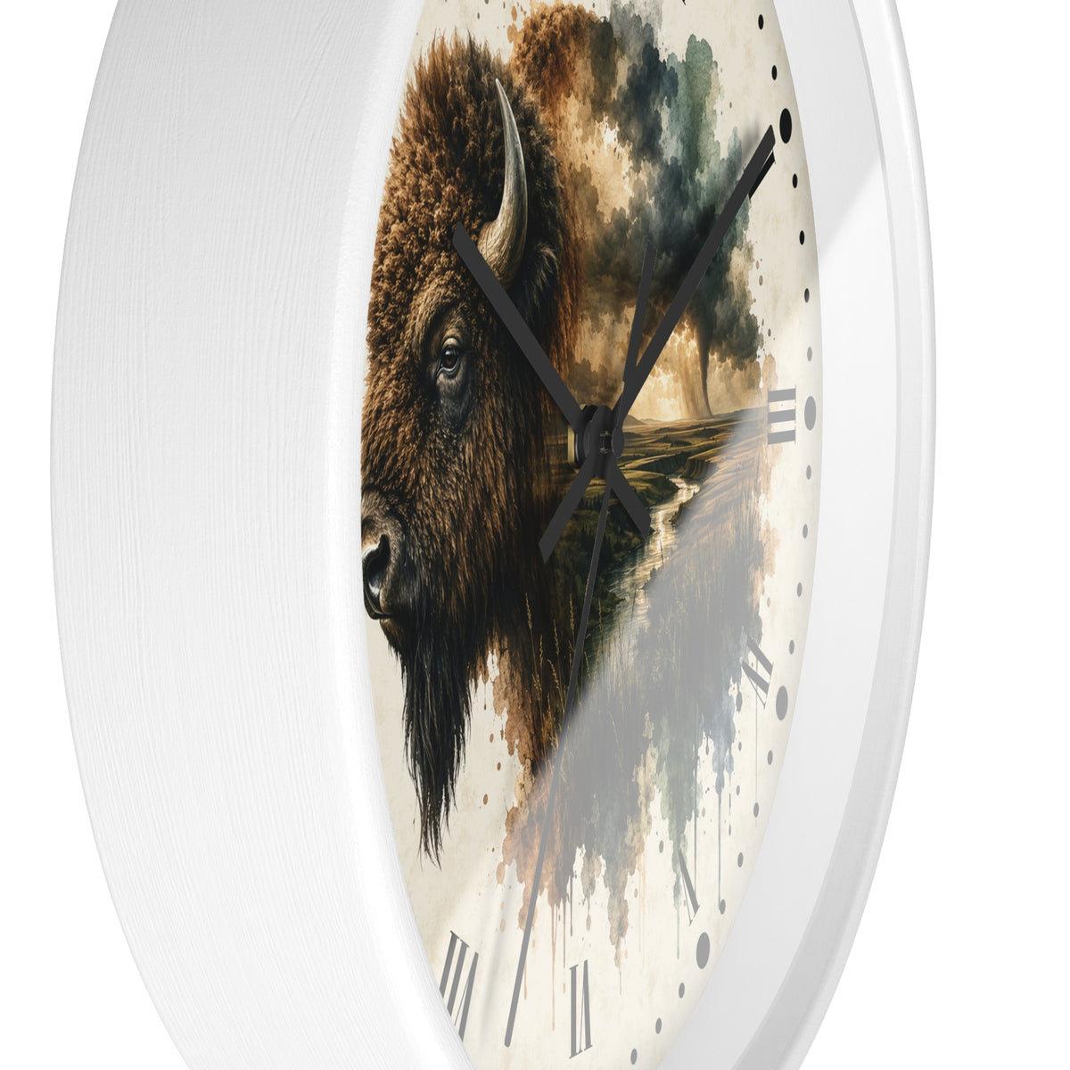 Round wall clock with a white frame and a printed design featuring a bison head over a landscape scene with a tree and water, set against a clean white background.