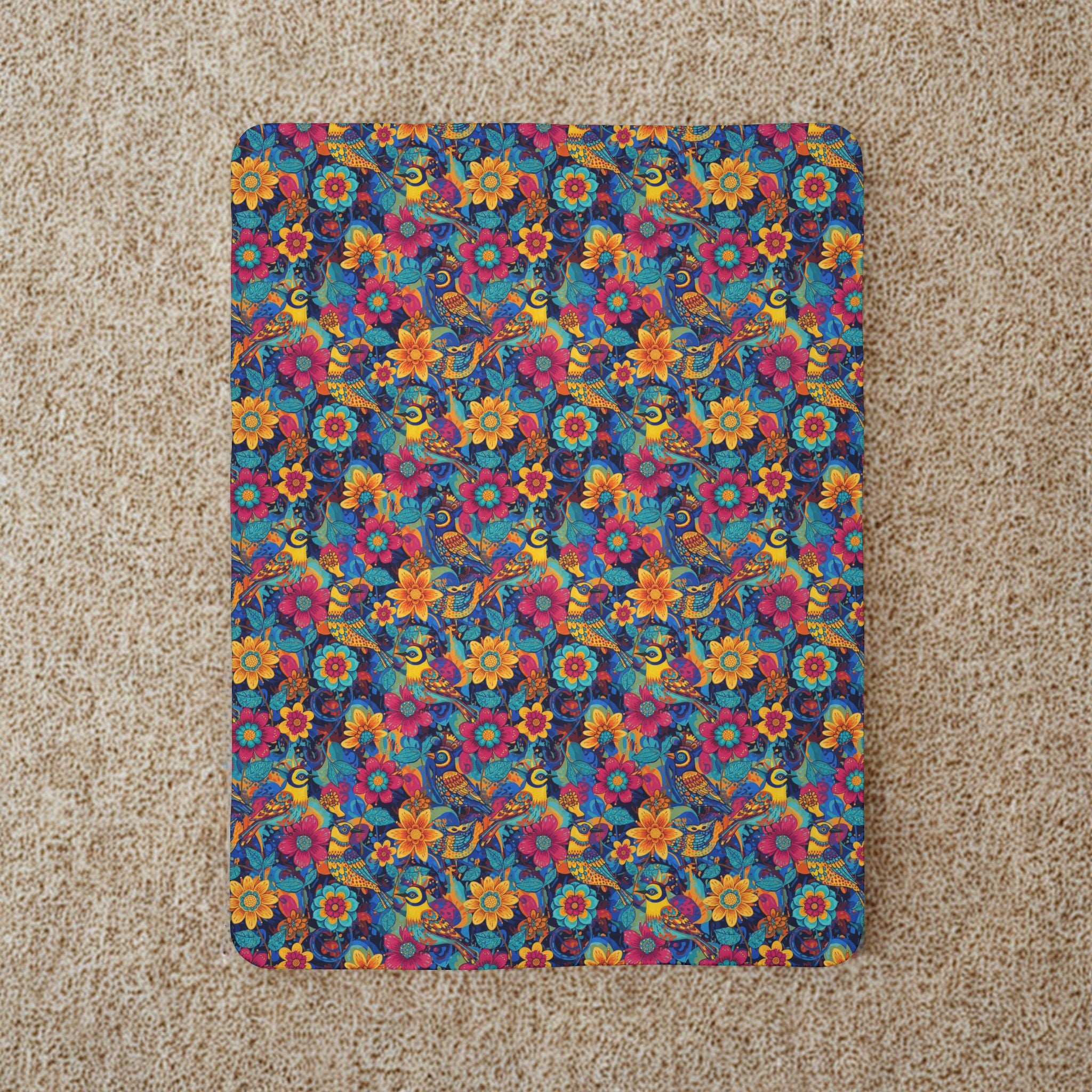 Floral Vintage Bird Fleece Sherpa Blanket — Colorful Boho Flower Throw