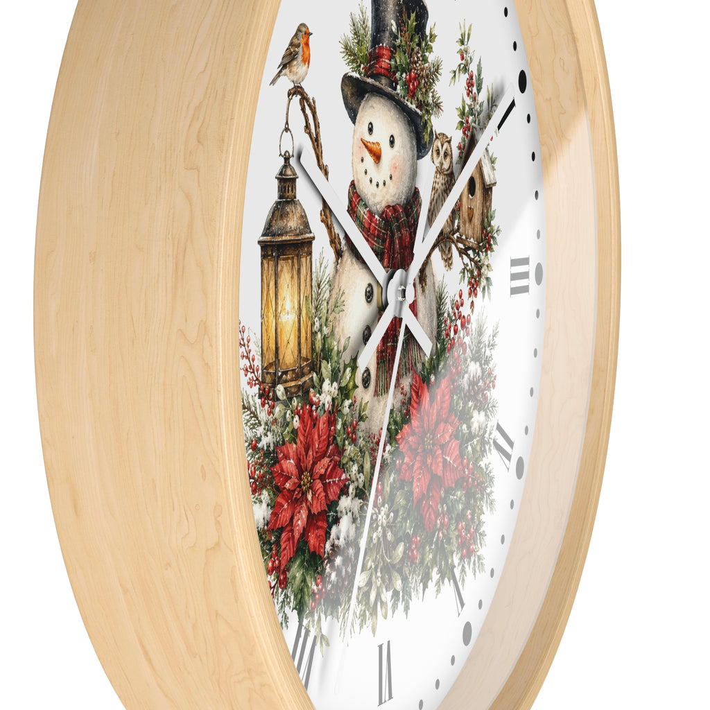 Christmas Snowman & Woodland Friends Wall Clock — Festive Poinsettia Flower Holiday Decor
