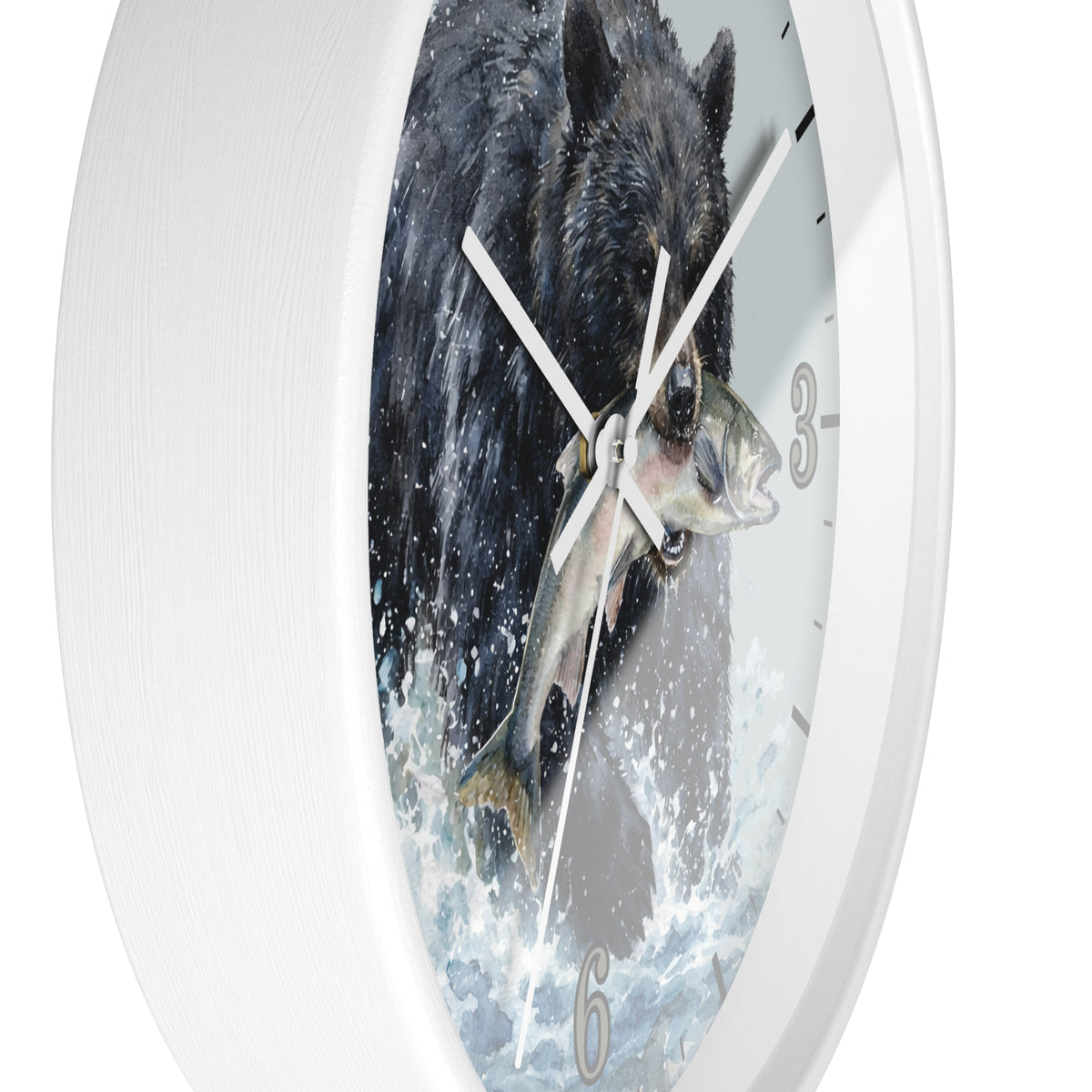A round wall clock with a white frame and a printed design of a black bear catching a fish in splashing water, shown against a plain white background.