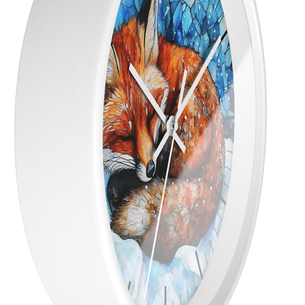 A white round wall clock with a printed illustration of a sleeping fox on the face, shown against a plain white background.