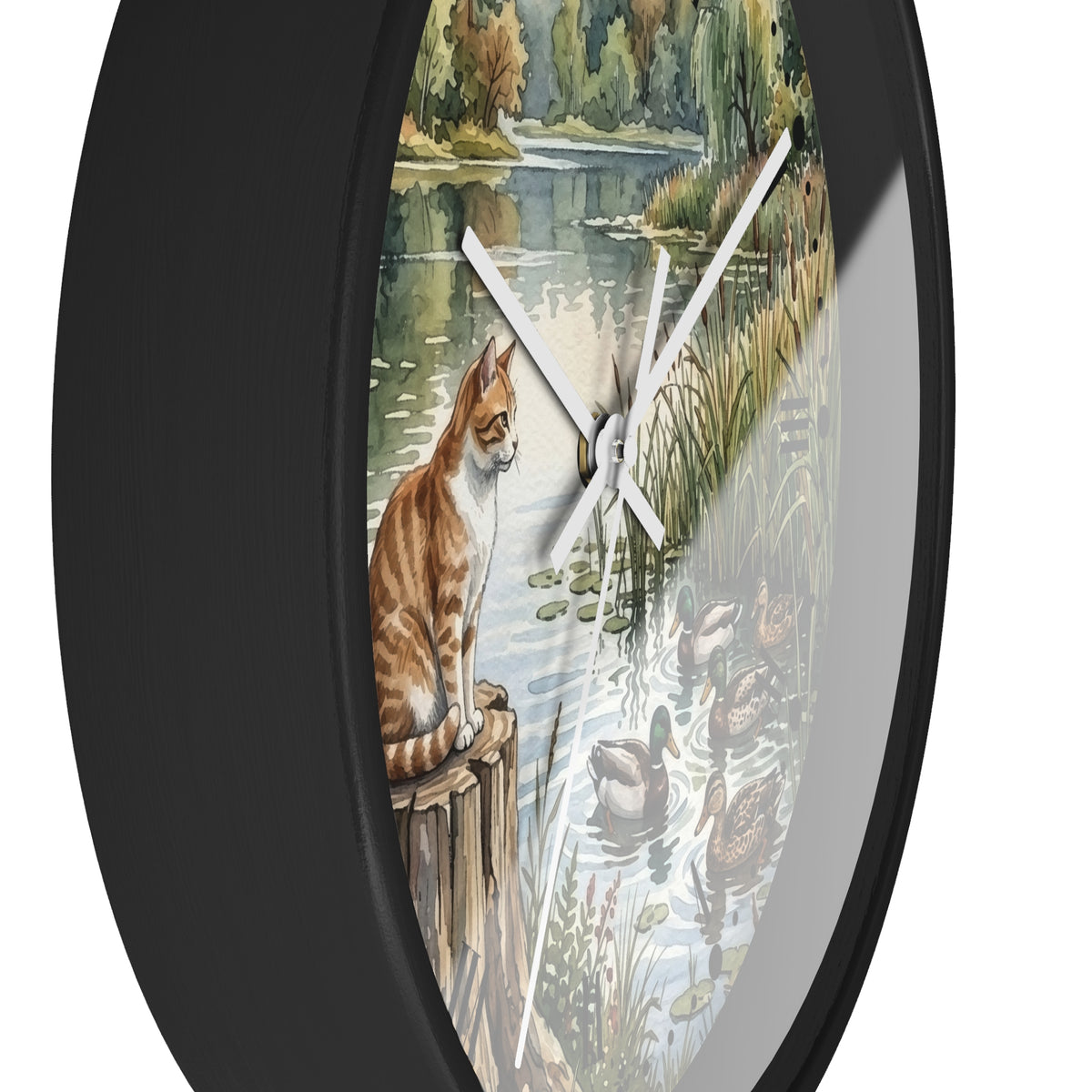 Orange Tabby by the Lake Wall Clock –  Cat & Ducks Scenic Decor