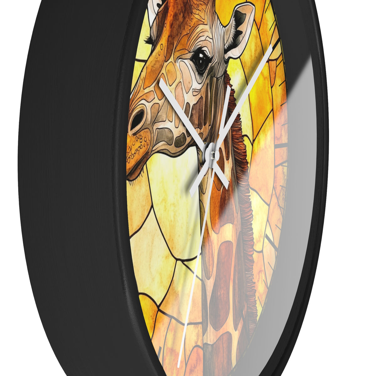 A close-up of a round wall clock with a black frame and a stained-glass style giraffe illustration in yellow, orange, and brown tones.