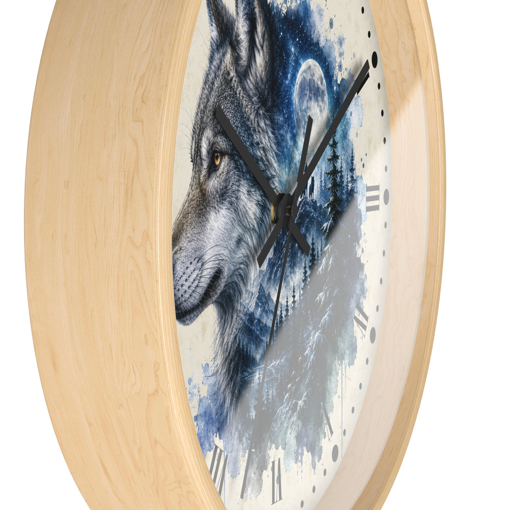 Round wall clock with a light natural wood frame and a printed wolf artwork on the face, shown against a plain white background.