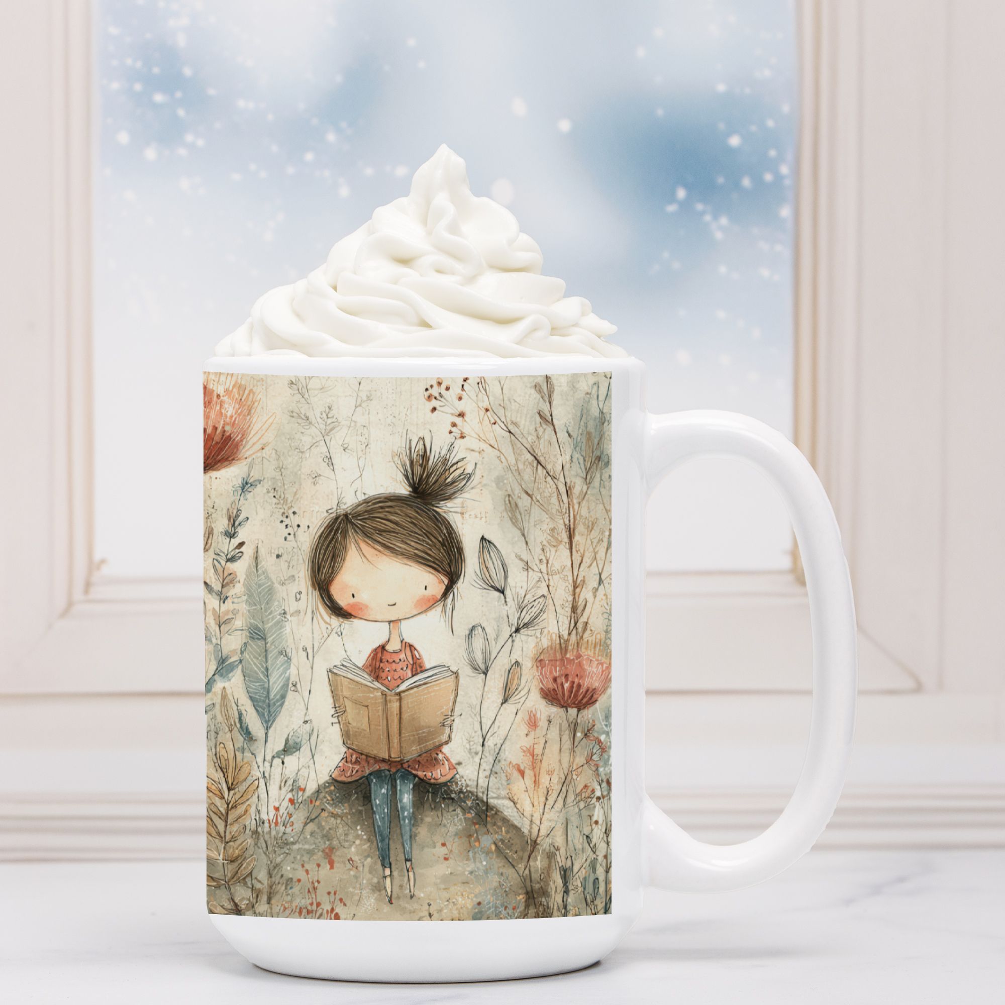Mug with a design of a girl reading a book, filled with hot chocolate and whipped cream.