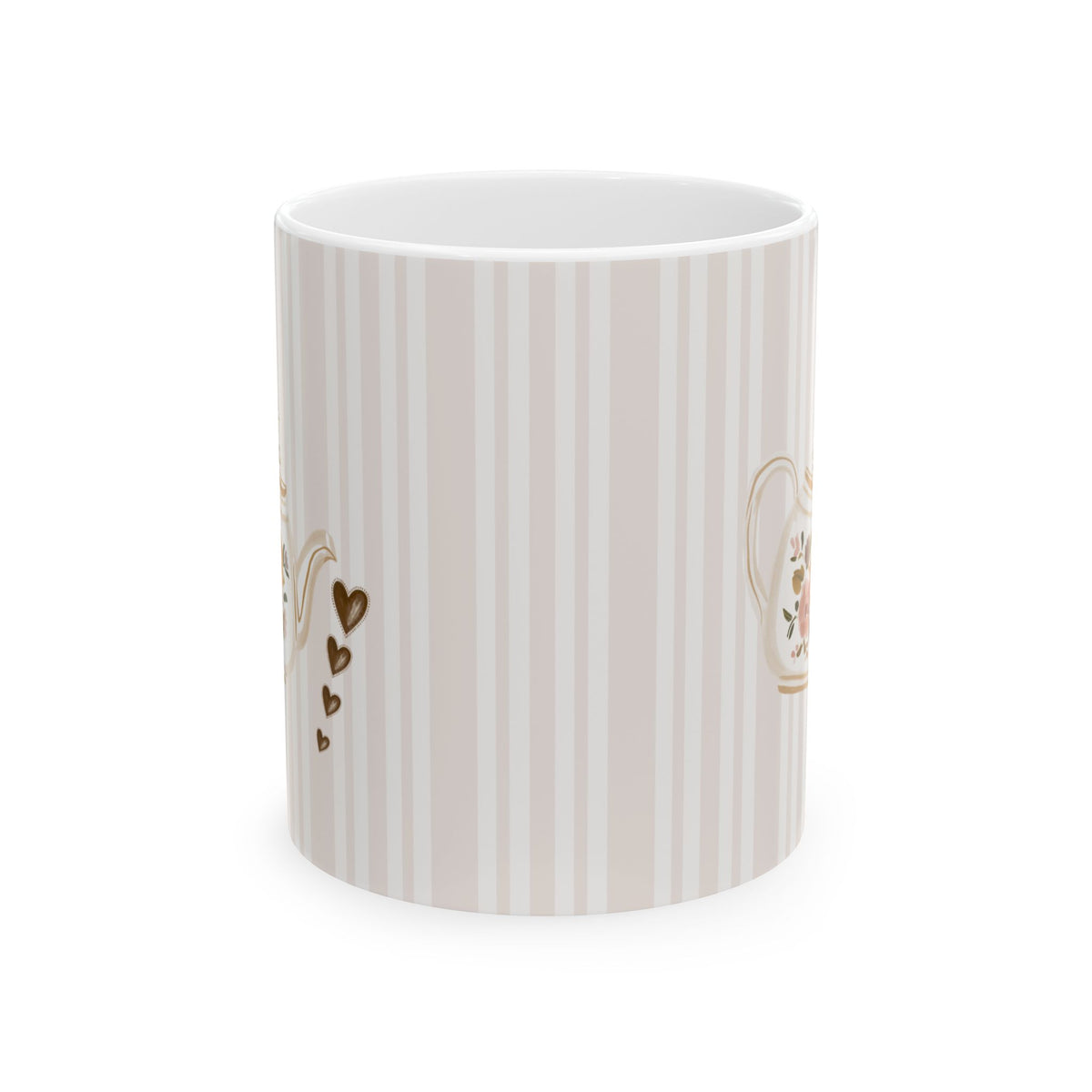 A white ceramic mug featuring vertical beige stripes and delicate gold floral and heart motifs, shown on a clean white background.