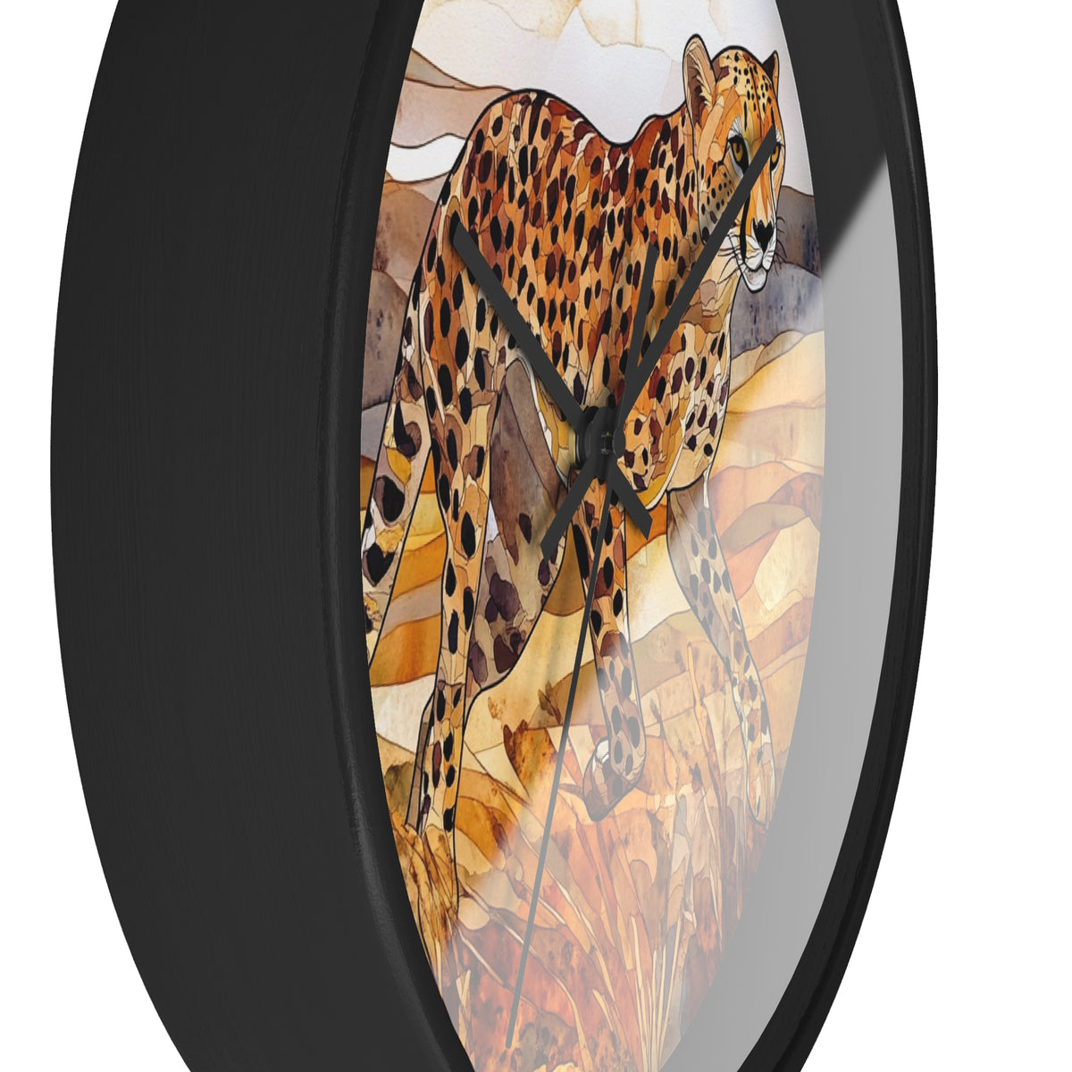 Round wall clock with a black frame and a printed artwork of a cheetah in warm tan, brown, and black tones on a white background.