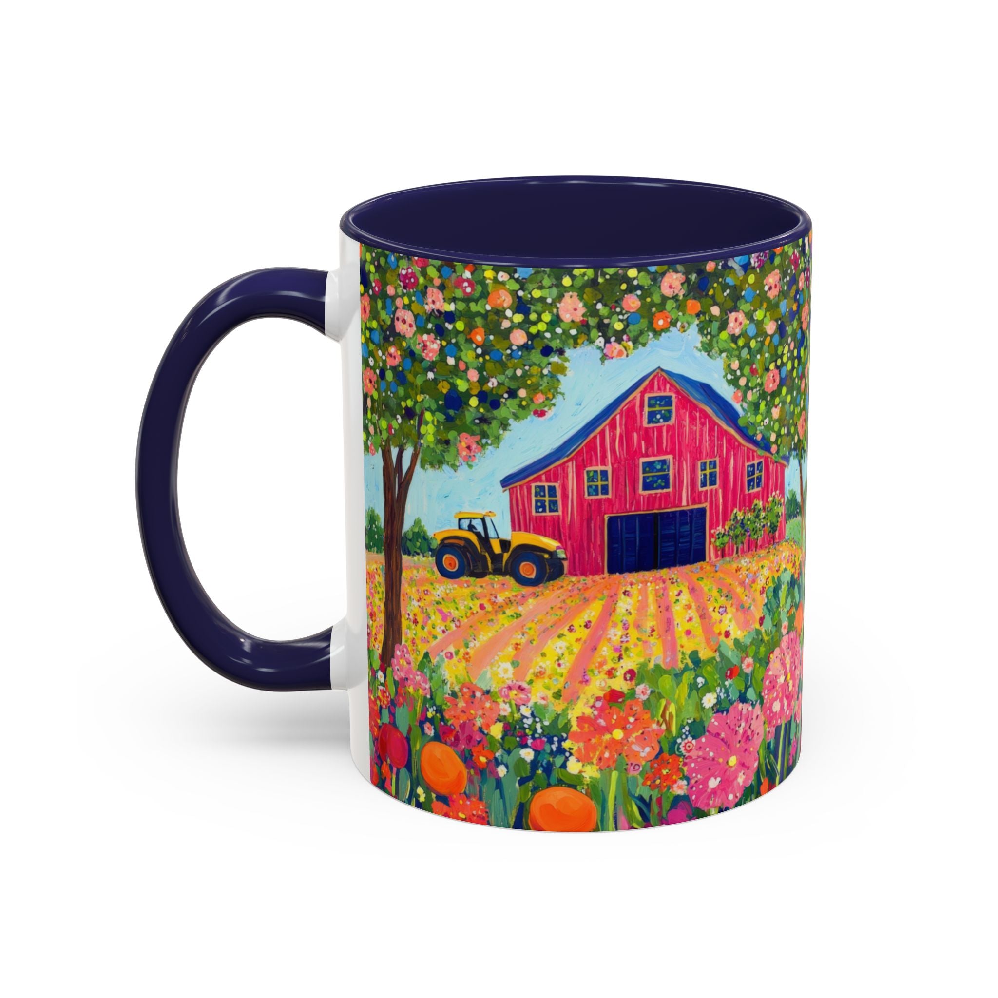 Mug with a colorful farm scene featuring a red barn, tractor, and flowers on a white background.