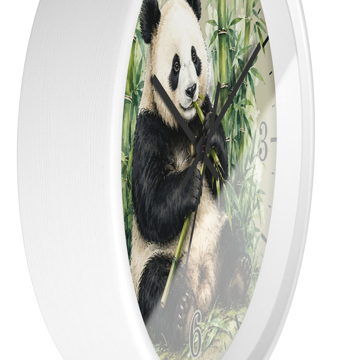 Round wall clock with a white frame and a printed panda holding bamboo on the face, shown against a plain white background.