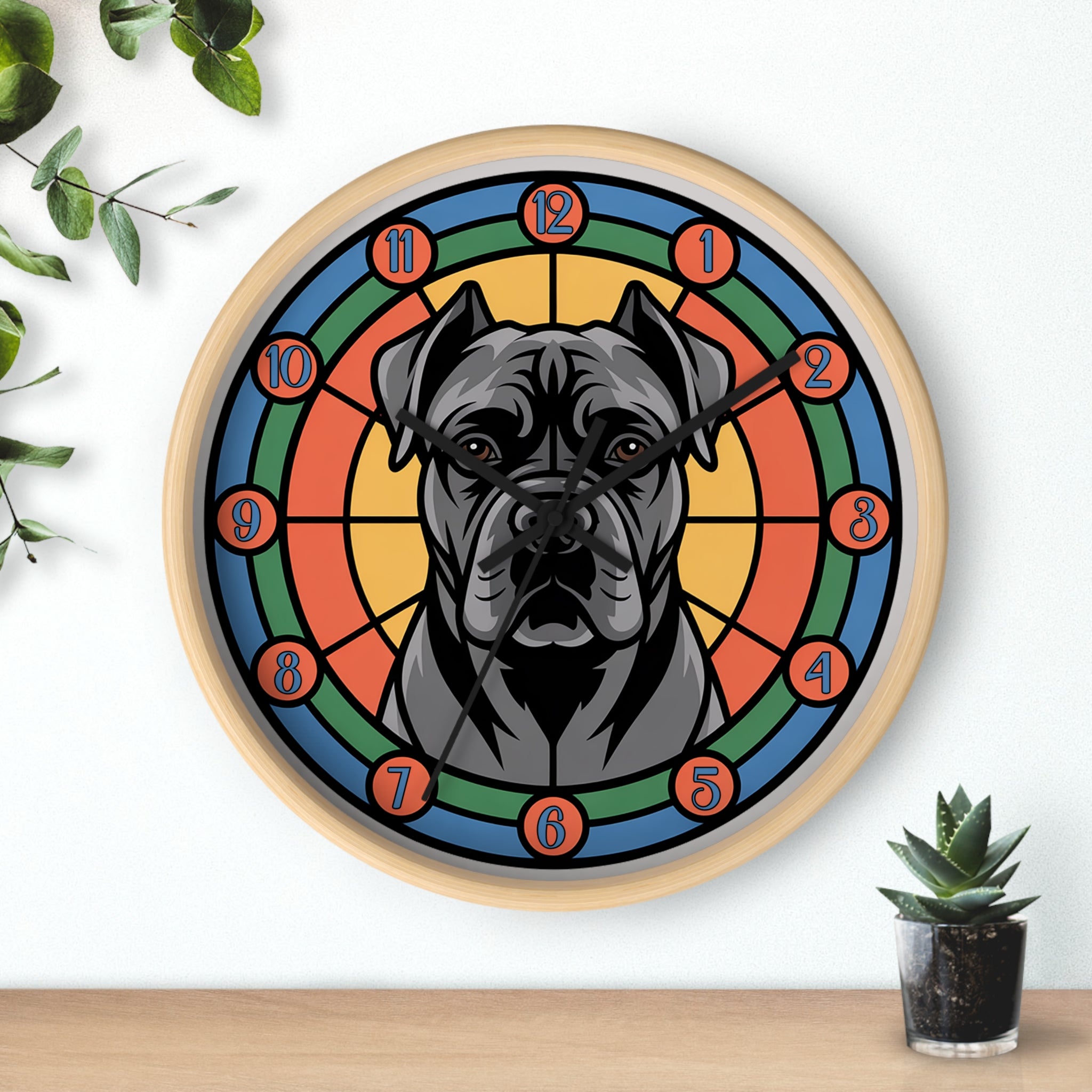 Wall clock with a dog illustration on a colorful circular design, placed on a white wall with a plant in the background.