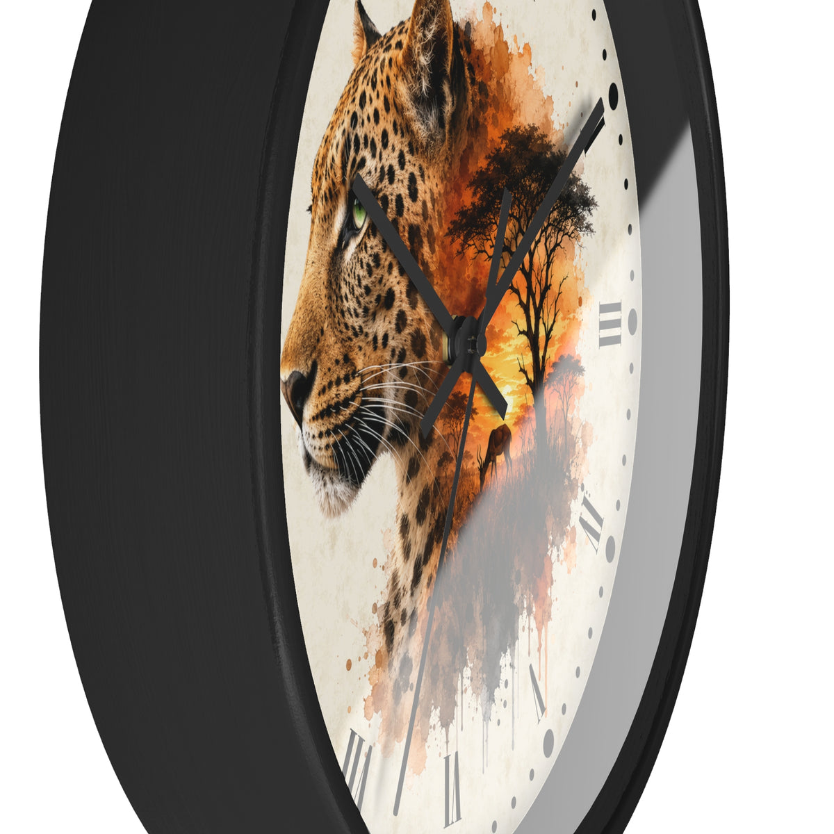 A round wall clock with a black frame and a white face featuring a painted leopard, tree silhouette, and warm orange sunset tones.