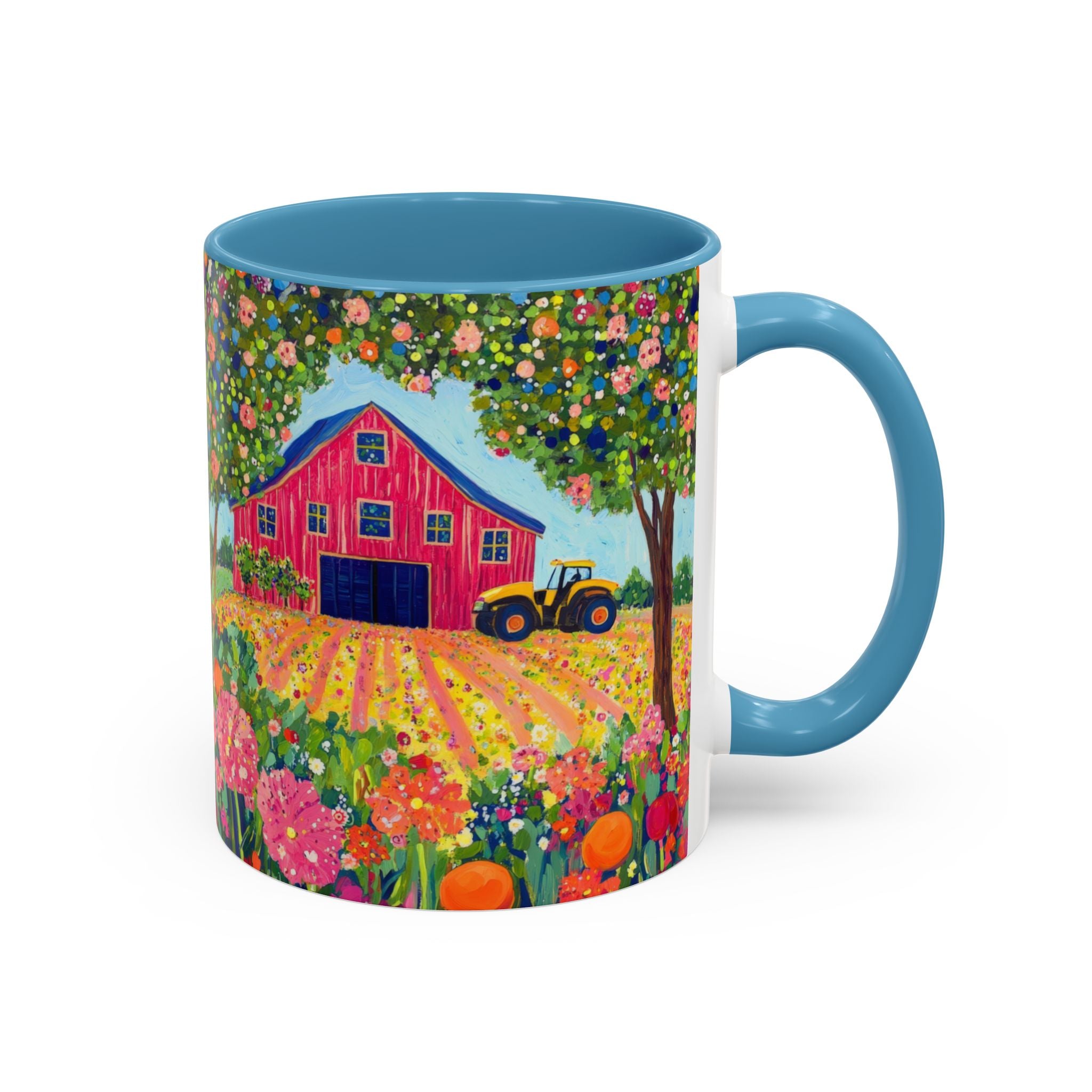 Mug with a colorful design of a red barn, tractor, and flowers on a white background