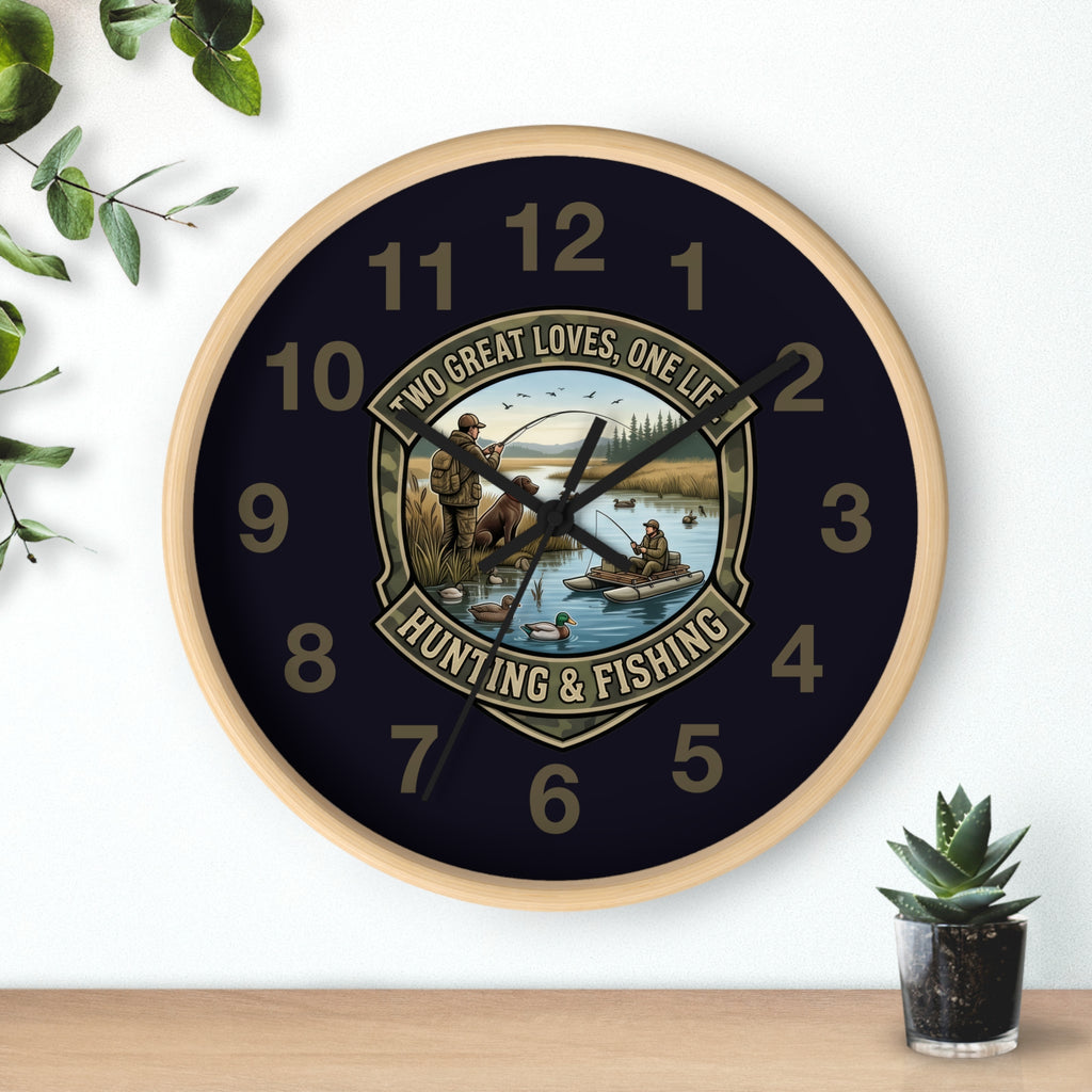 Hunting & Fishing Wall Clock — “Two Great Loves, One Life” Rustic Outdoors Decor