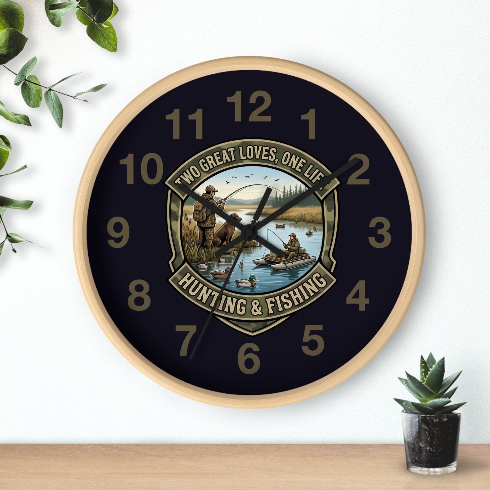 Hunting & Fishing Wall Clock — “Two Great Loves, One Life” Rustic Outdoors Decor