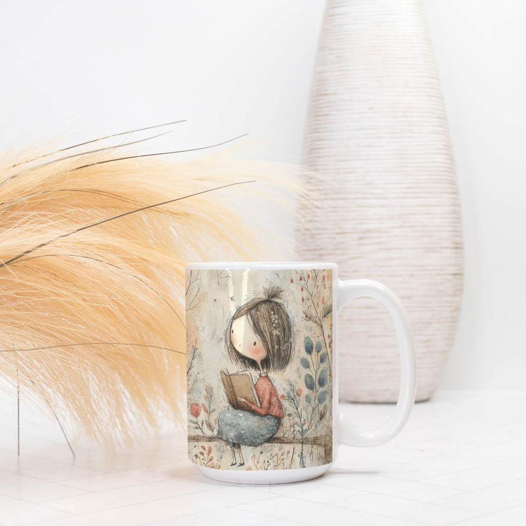 Mug with a design of a girl reading a book, placed on a light surface with a vase in the background.