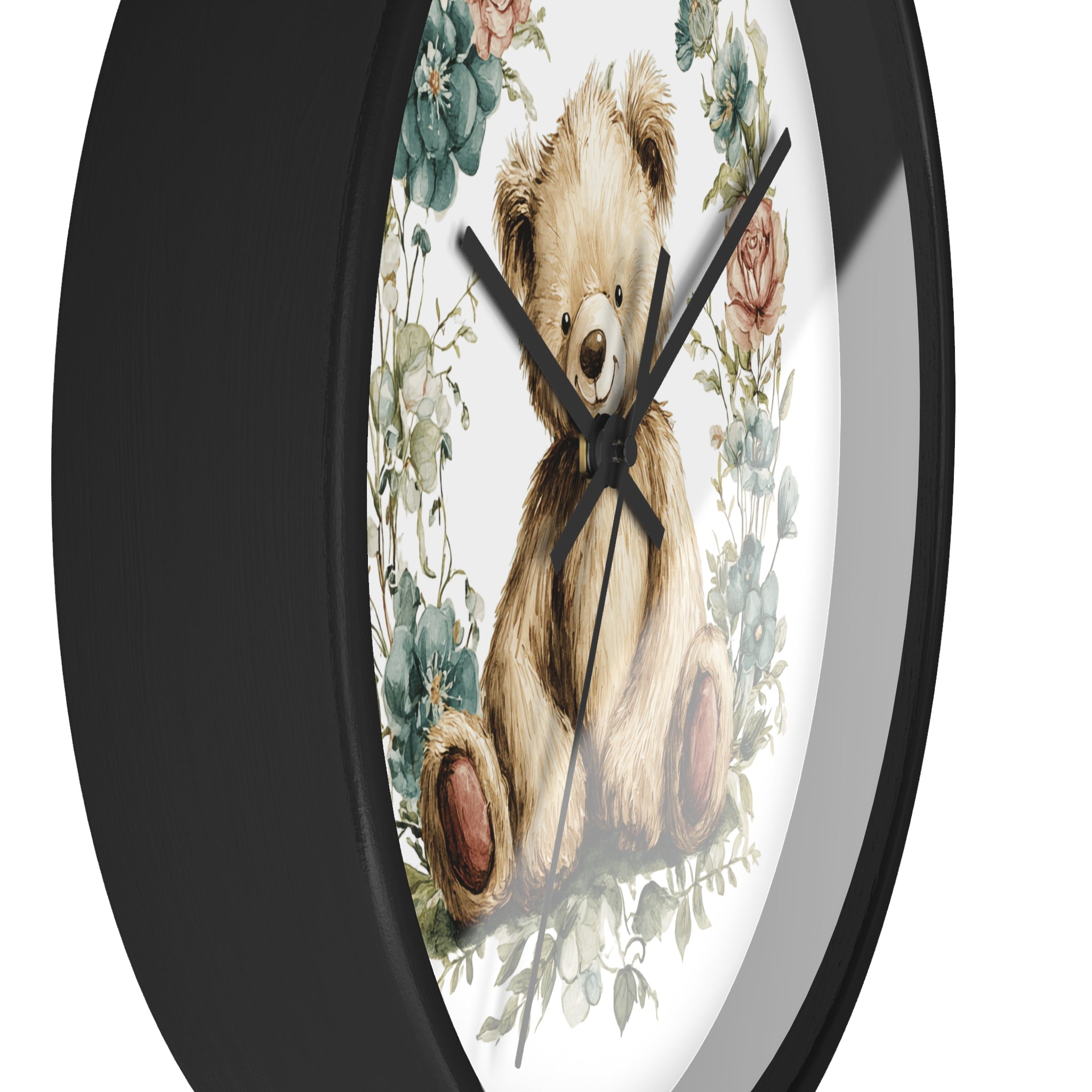 Teddy Bear Floral Wall Clock - Multiple Colors — Cute Nursery Clock for Baby Shower, Kids’ Room Decor
