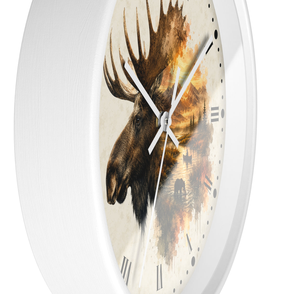 Round wall clock with a white frame and a printed moose head artwork over a warm-toned landscape background, with white hands and black Roman numerals.