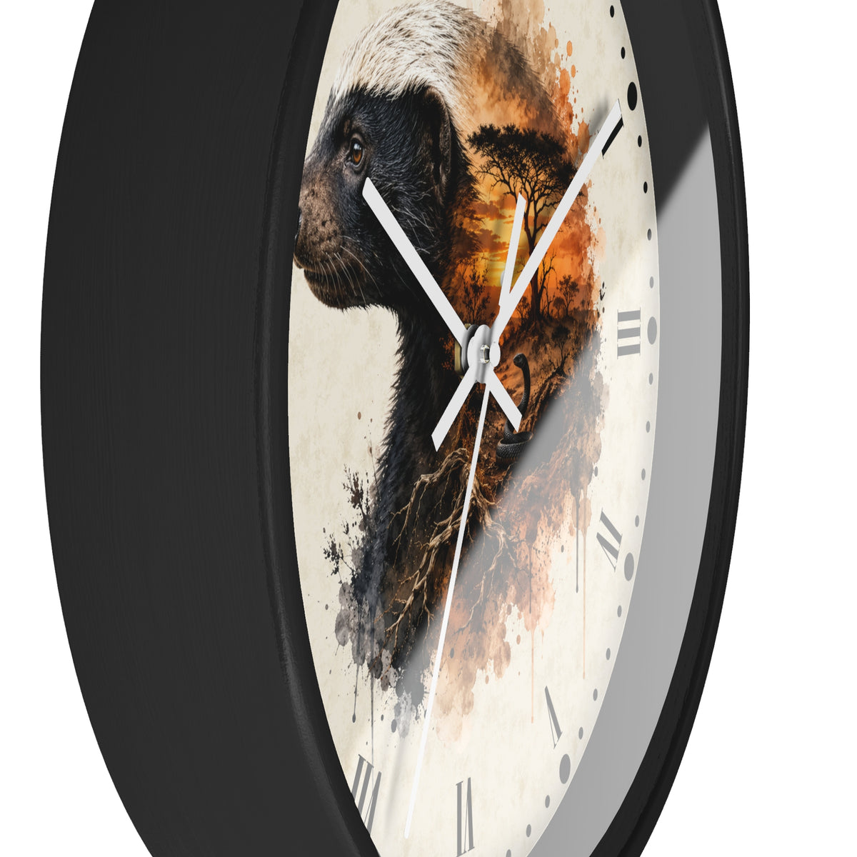 A close-up of a round wall clock with a black frame and a cream-colored face featuring a painted badger portrait in brown, black, and orange tones with Roman numerals.