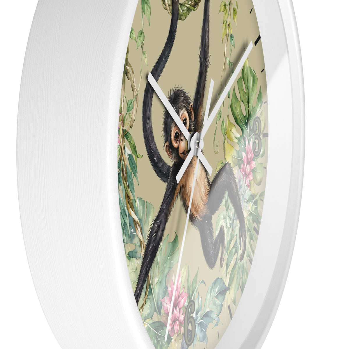 A round wall clock with a white frame and a vintage-style illustration of a chimpanzee hanging in a jungle, featuring green leaves, pink flowers, and beige background.