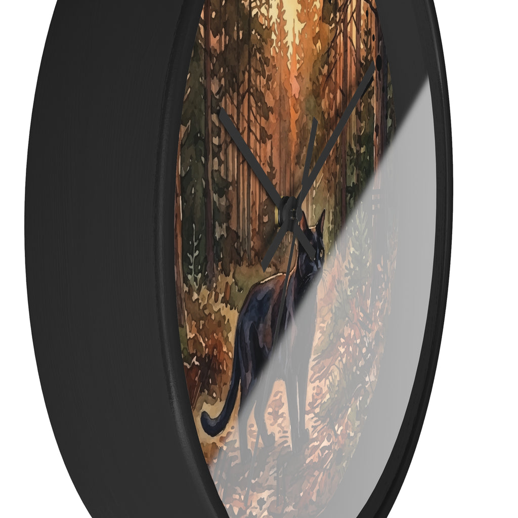 Black Cat Sunset Forest Wall Clock — Autumn Woodland Decor