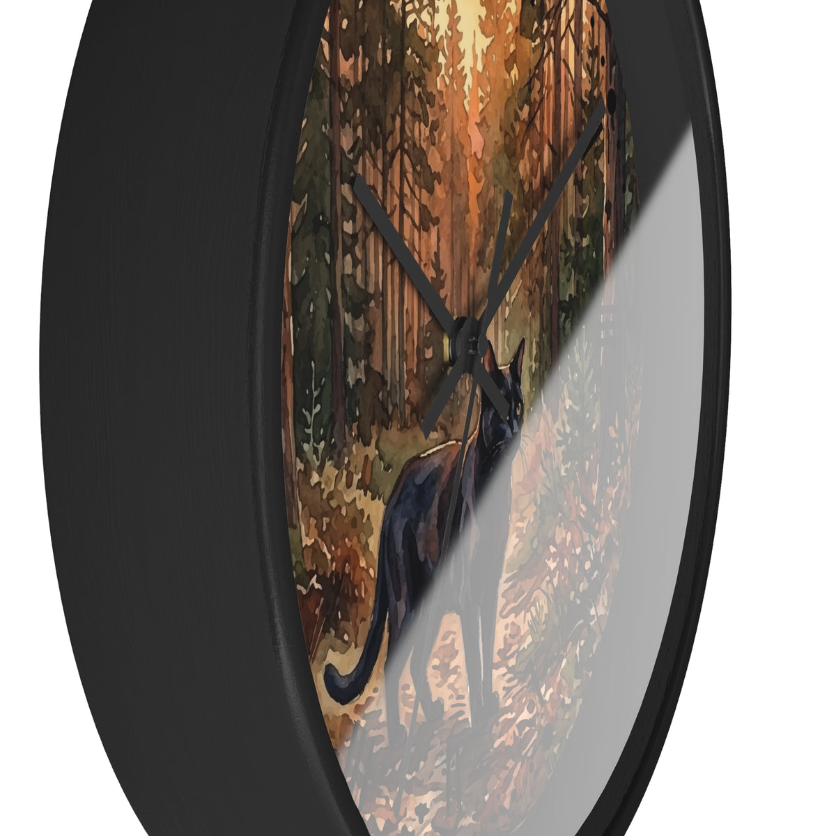 Black Cat Sunset Forest Wall Clock — Autumn Woodland Decor