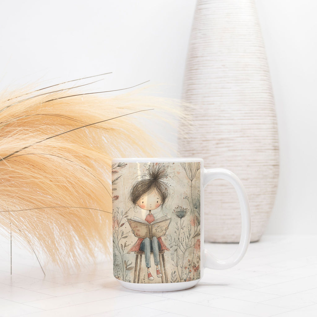 Mug with a design of a girl reading a book in nature, placed on a light surface with decorative elements.