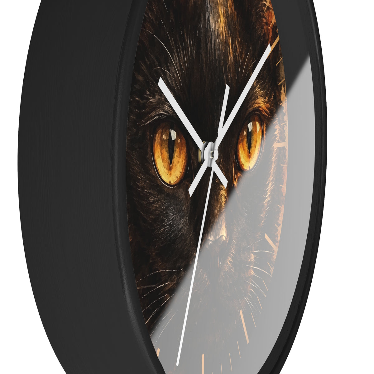 Watercolor Black Cat Wood Wall Clock - Cheetah Print Background