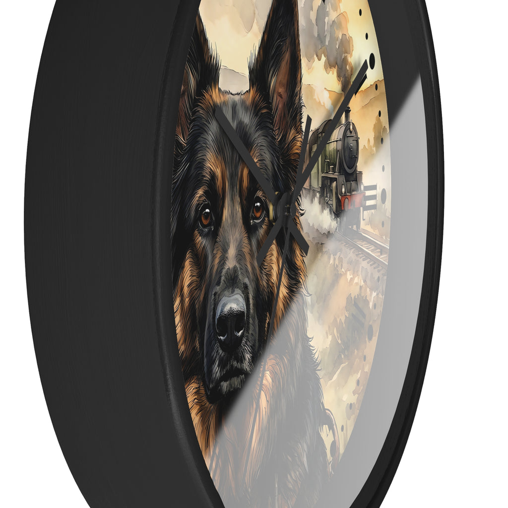 A round wall clock with a black frame and a printed design featuring a German Shepherd dog portrait and a vintage train scene, shown against a plain white background.