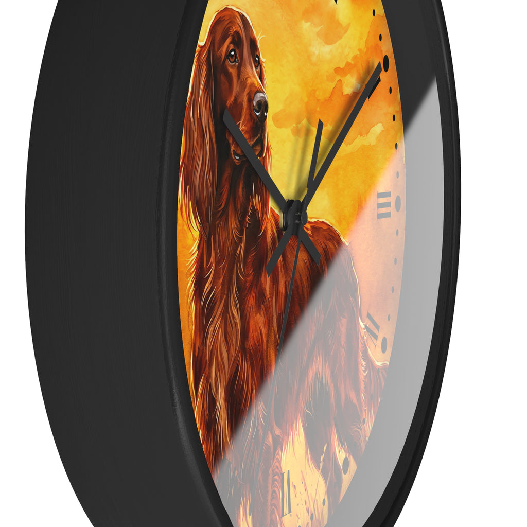 Round wall clock with a black frame and a printed illustration of a long-haired reddish-brown dog on a warm yellow-orange background, shown against a white studio background.