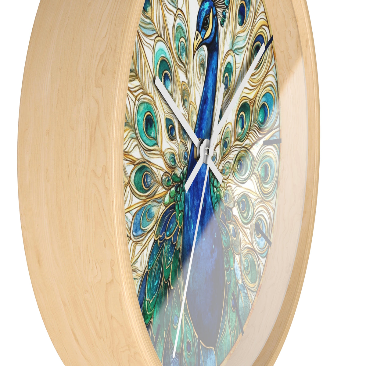 Round wall clock with a light natural wood frame and a peacock artwork featuring blue, teal, green, and gold feather patterns on a white background.