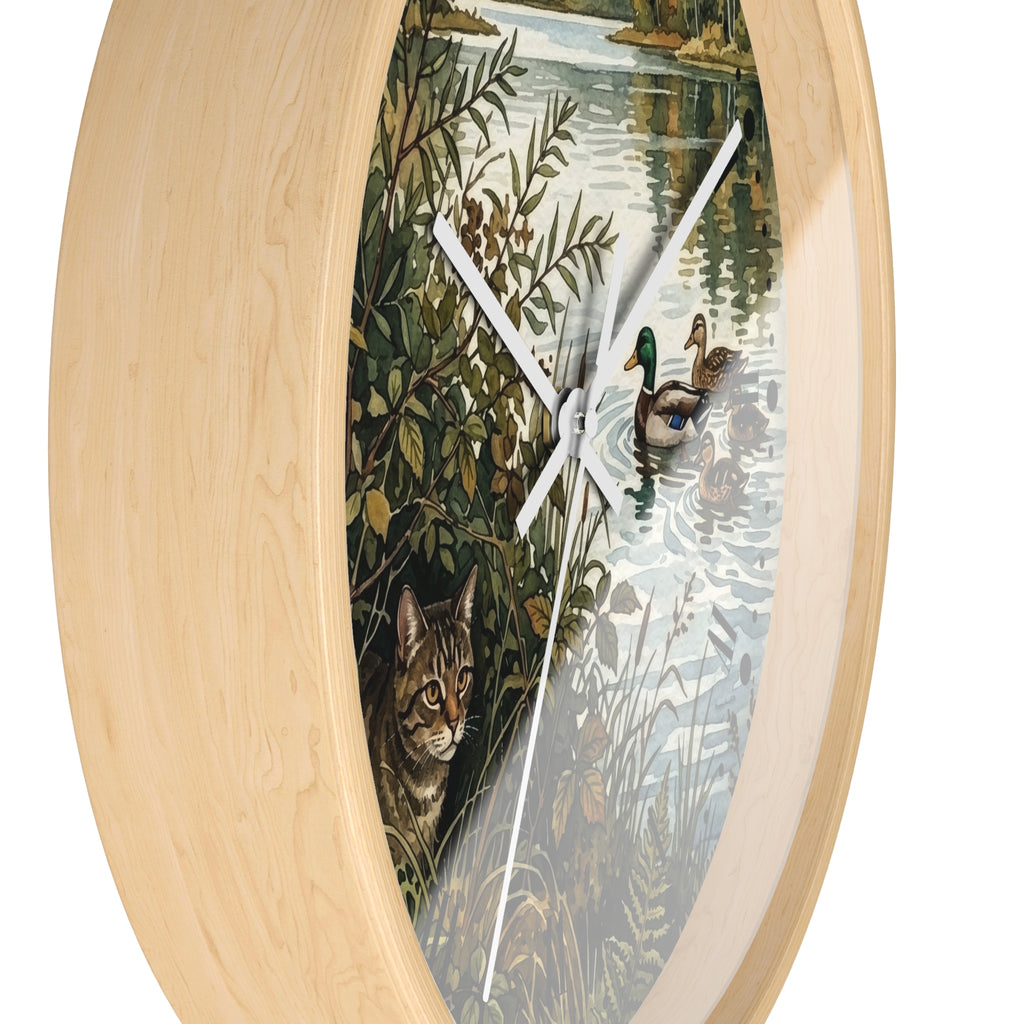 Woodland Cat and Ducks Lakeside Nature Wall Clock