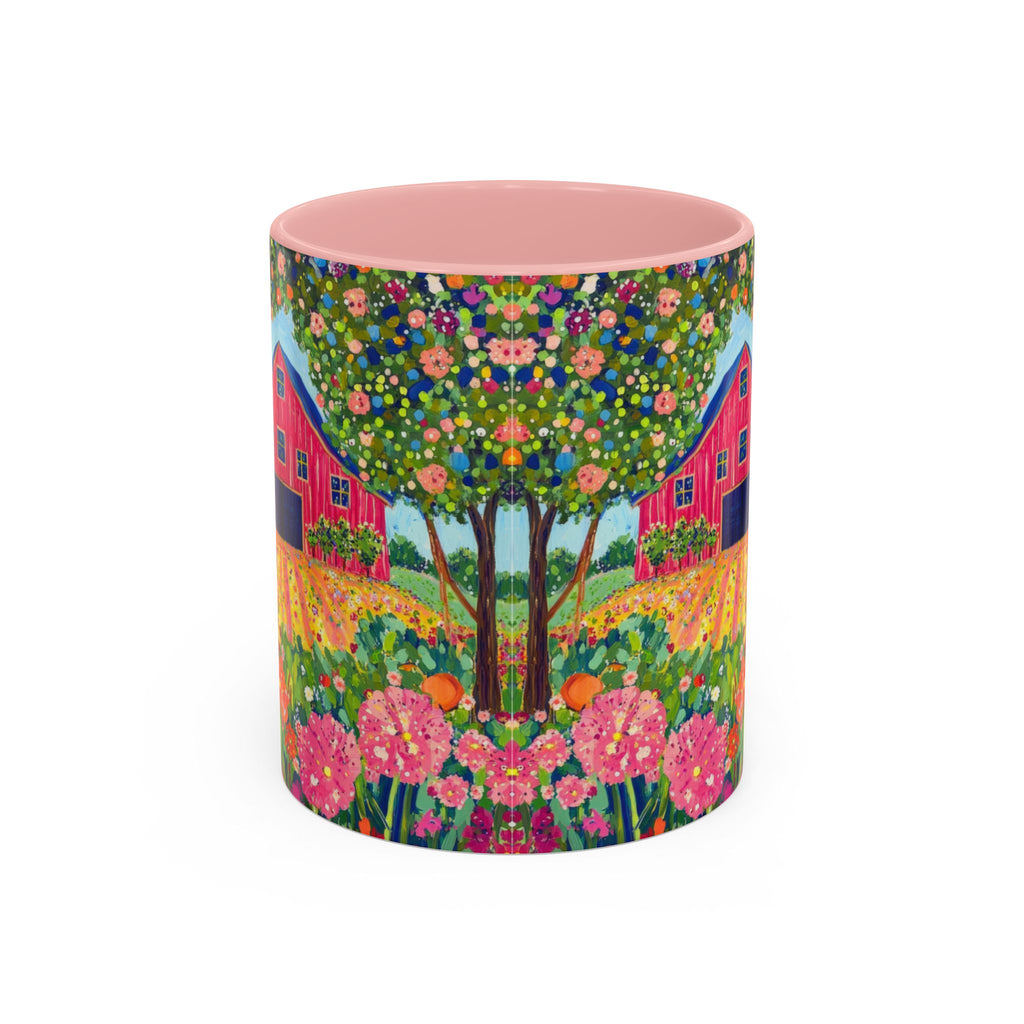 Colorful cylindrical container with a floral and barn design on a white background