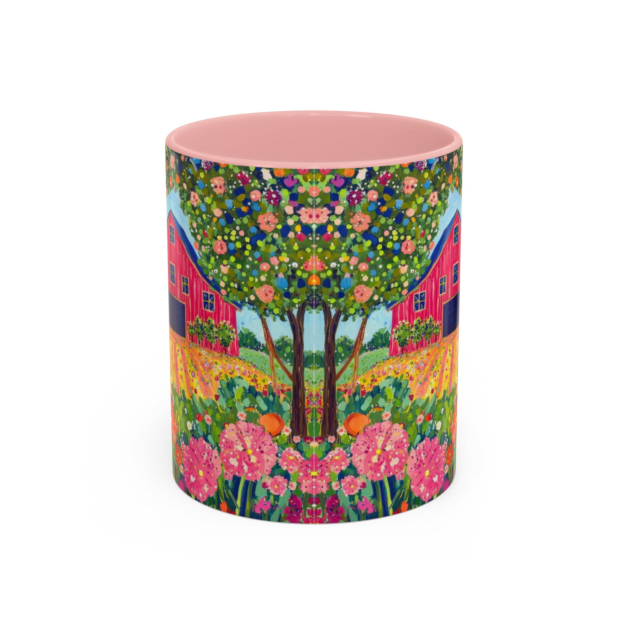 Colorful cylindrical container with a floral and barn design on a white background