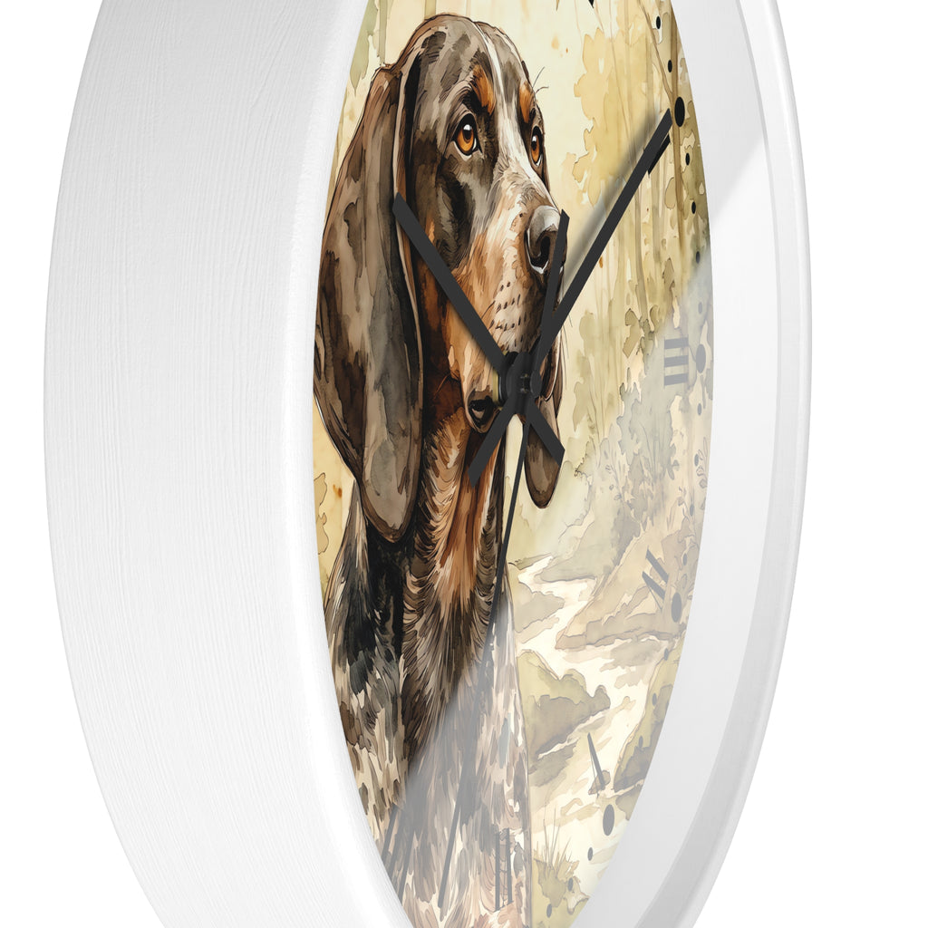 Round white wall clock featuring a spotted hunting dog portrait on the face, with black hands and a clean studio presentation.