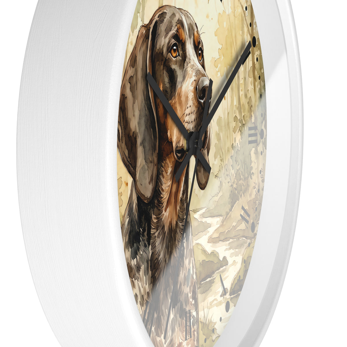 Round white wall clock featuring a spotted hunting dog portrait on the face, with black hands and a clean studio presentation.