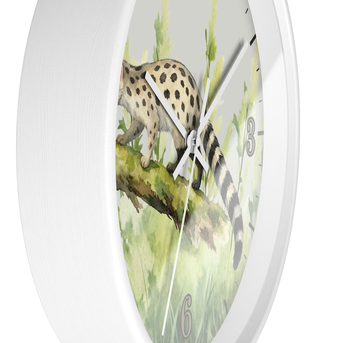 A white round wall clock featuring a watercolor-style illustration of a spotted big cat walking along a branch against a soft green and yellow background.