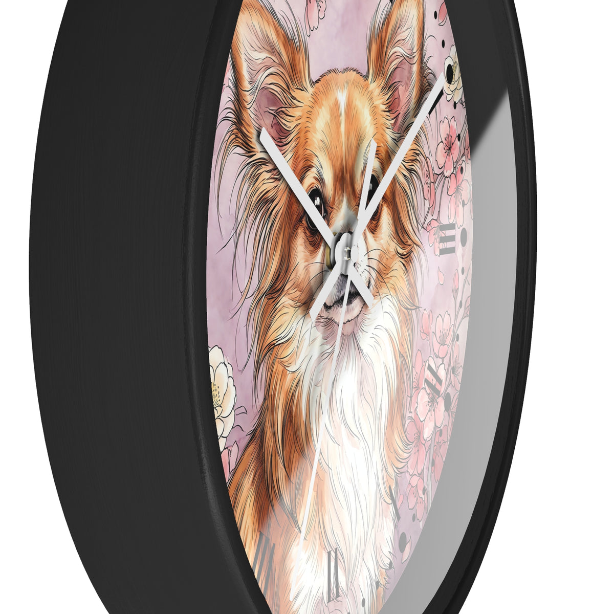 A round wall clock with a black frame and a printed illustration of a fluffy long-haired dog on a pink background, shown against a plain white backdrop.