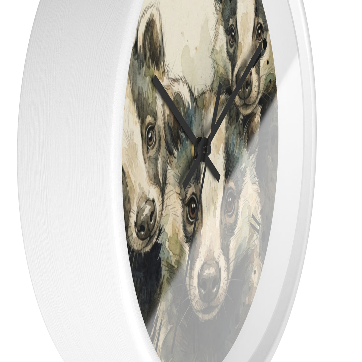 Round wall clock with a white frame and a printed illustration of three badgers on the face, shown against a plain white background.